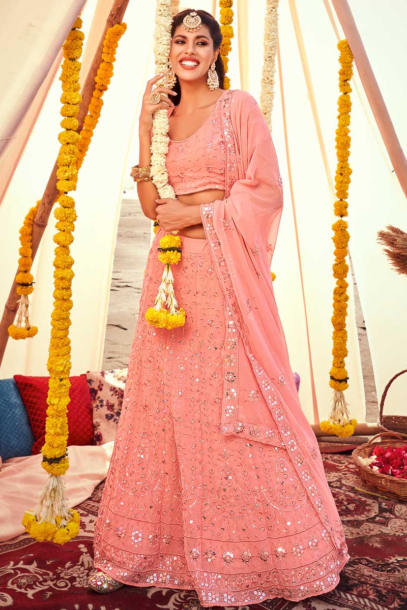 Embroidered Designs On Georgette Fabric Superior Lehenga In Pink Color