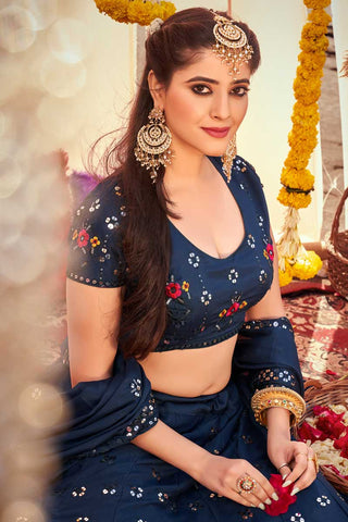 Embroidered Work Navy Blue Color Chinon Fabric Dreamy Lehenga