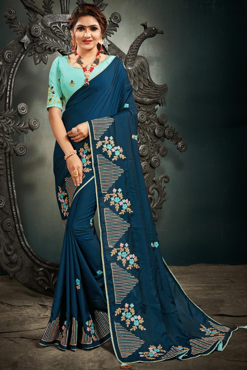 Art Silk Fabric Function Wear Fancy Teal Color Embroidery Work Saree