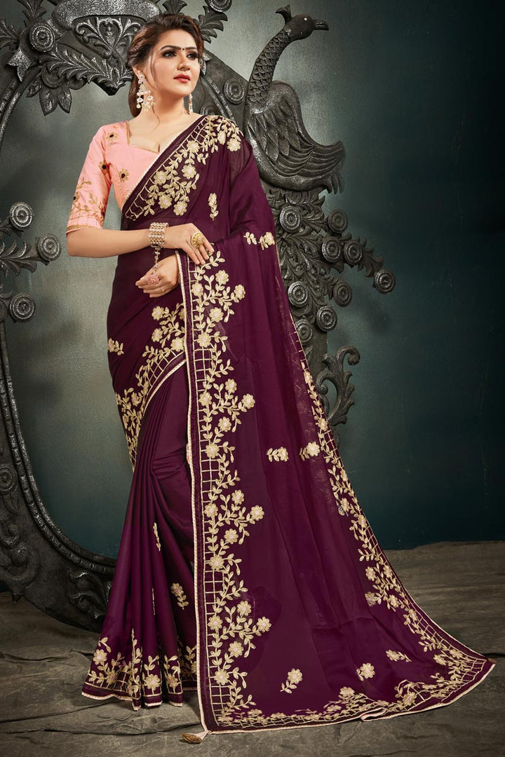 Festive Wear Satin Fabric Fancy Embroidery Work Saree In Wine Color