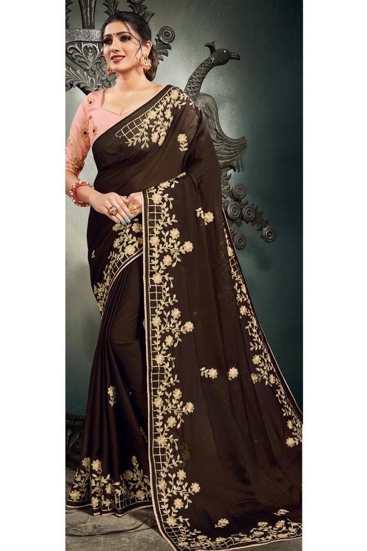 Satin Fabric Fancy Party Wear Brown Color Embroidery Work Saree