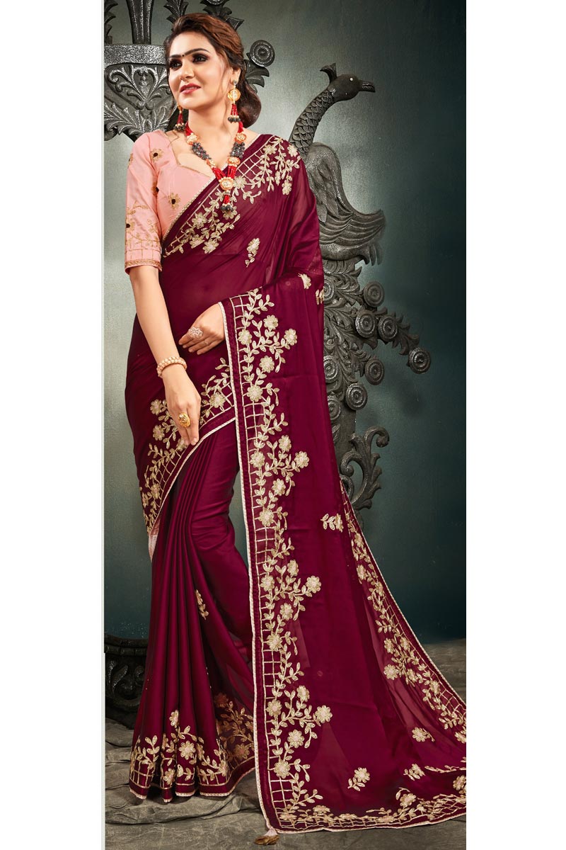 Satin Fabric Sangeet Wear Fancy Maroon Color Embroidery Work Saree