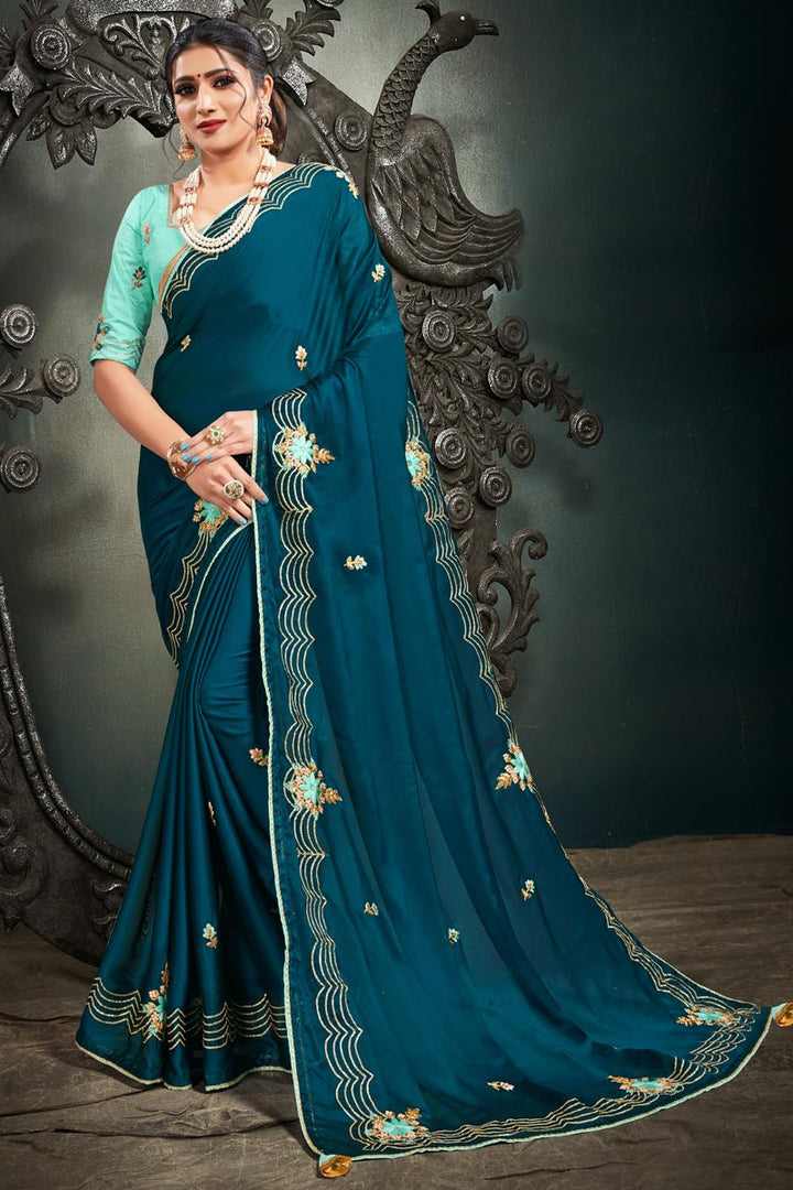 Wedding Wear Satin Fabric Fancy Embroidery Work Saree In Teal Color
