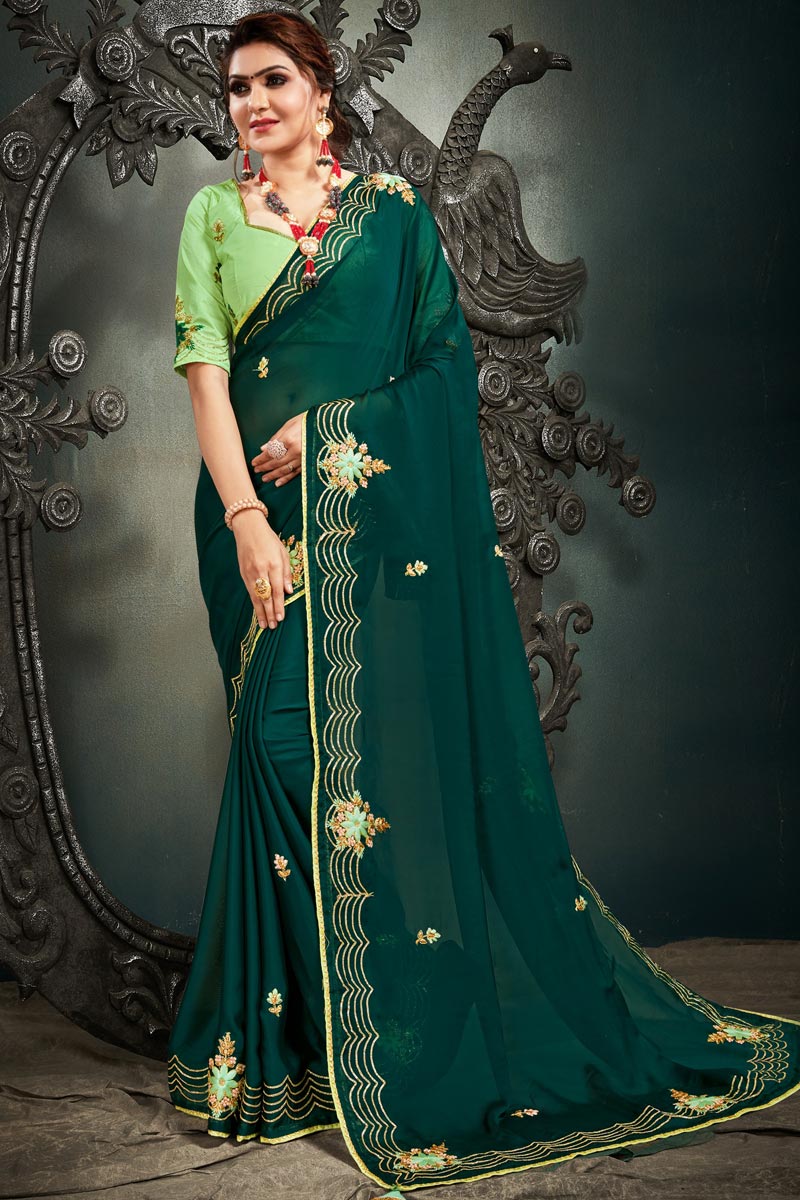 Dark Green Color Satin Fabric Embroidery Work Function Wear Fancy Saree