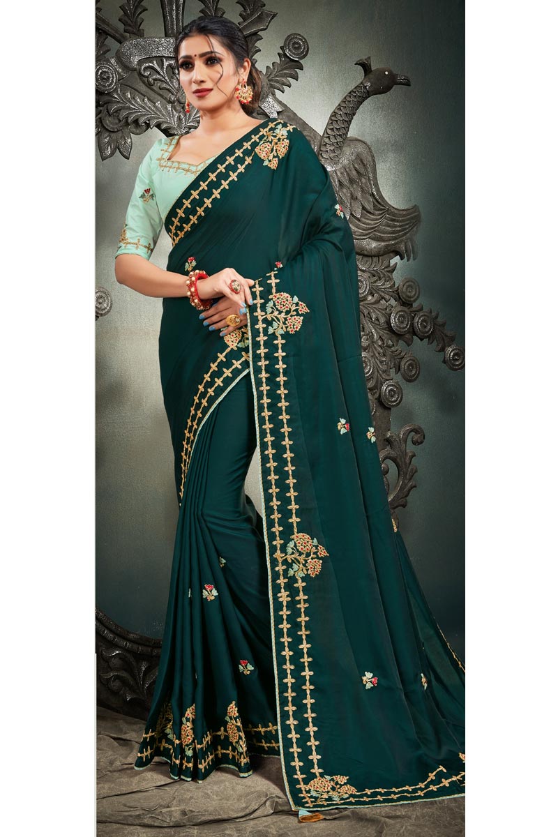 Party Wear Satin Silk Fabric Embroidery Work Saree In Teal Color