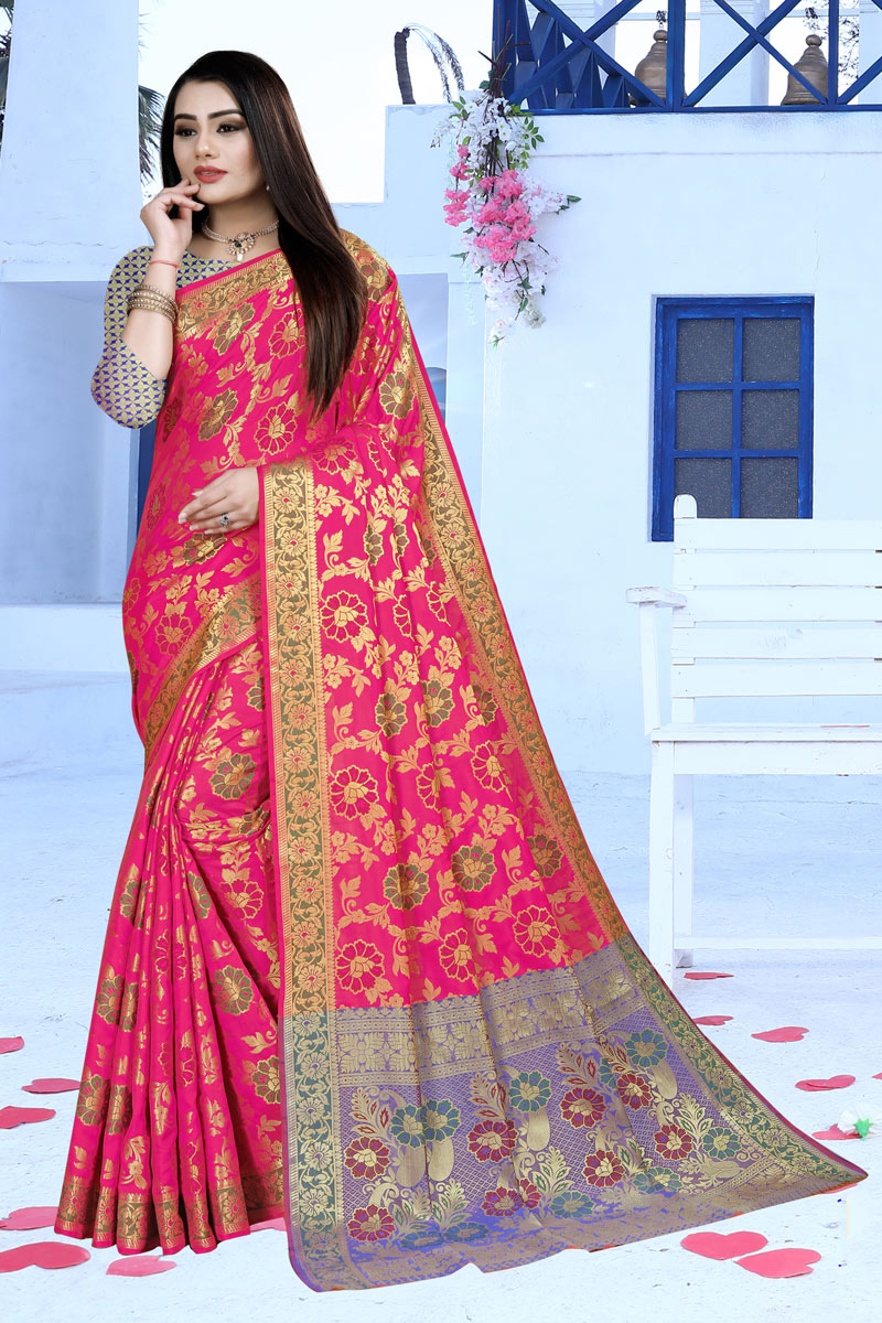 Function Wear Art Silk Fabric Weaving Work On Saree In Rani Color With Alluring Blouse