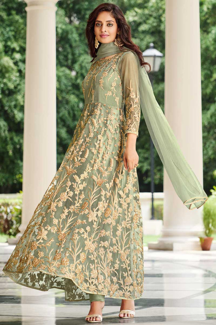 Dazzling Net Fabric Khaki Color Party Wear Anarkali Suit
