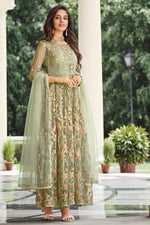 Load image into Gallery viewer, Dazzling Net Fabric Khaki Color Party Wear Anarkali Suit
