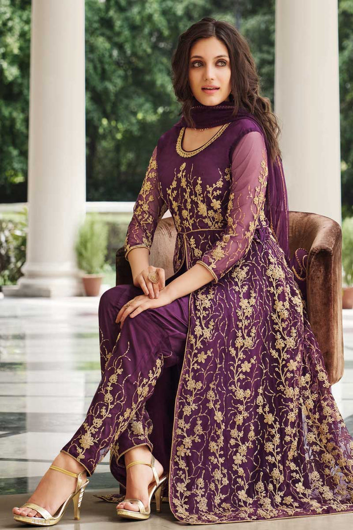 Net Fabric Purple Color Excellent Party Wear Anarkali Suit