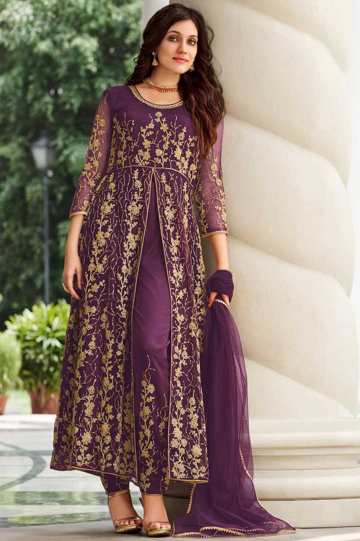 Net Fabric Purple Color Excellent Party Wear Anarkali Suit