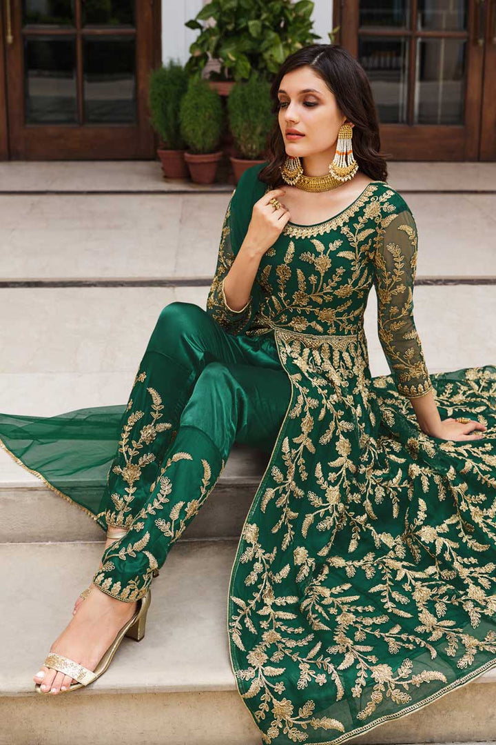 Glamorous Net Fabric Green Color Party Wear Anarkali Suit