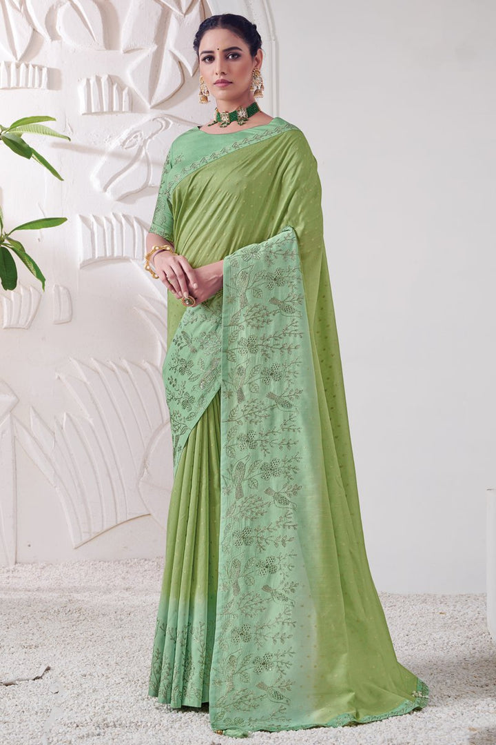 Viscose Fabric Festive Wear Sea Green Color Embroidered Border Work Designer Saree