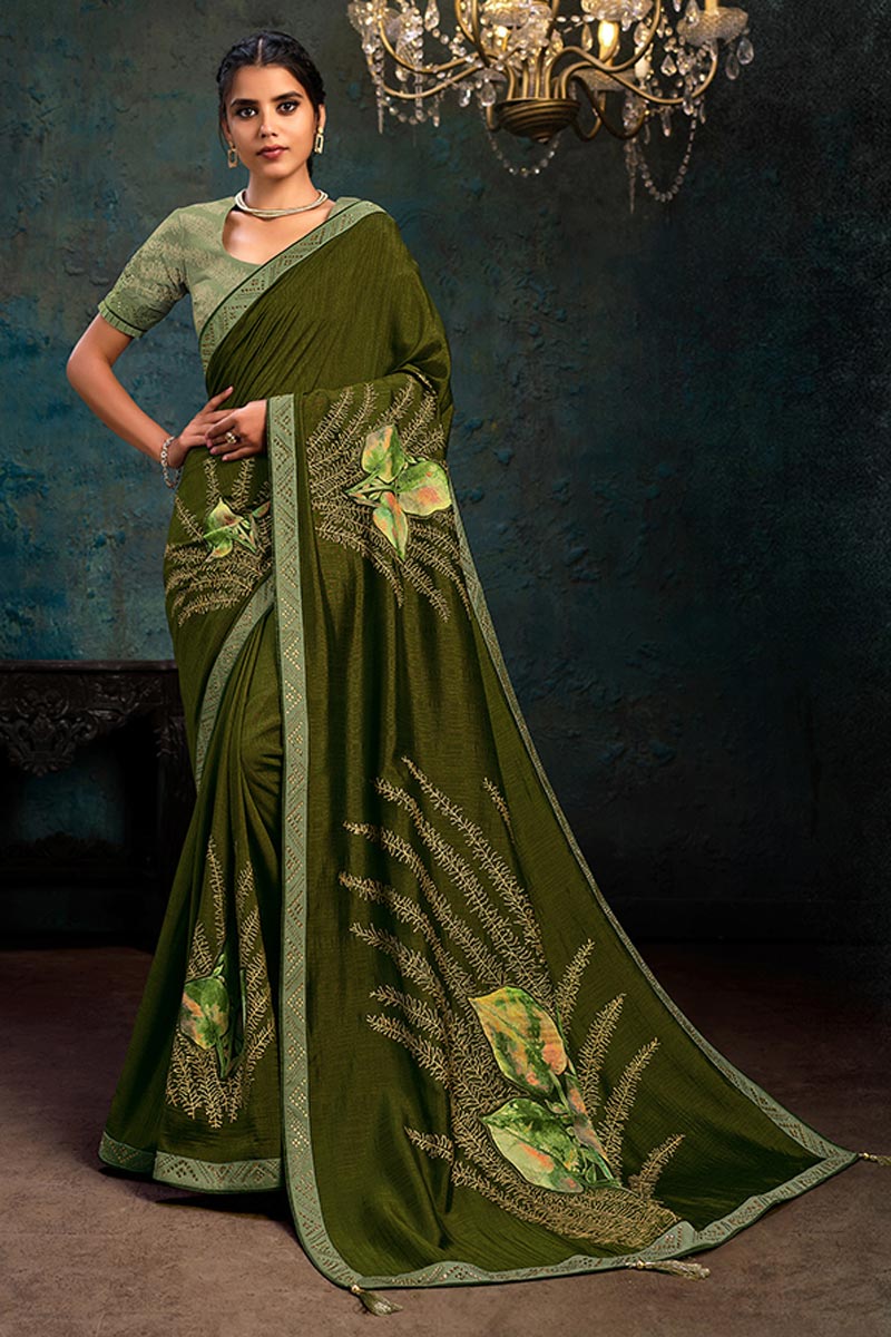 Georgette Silk Fabric Olive Color Designer Saree