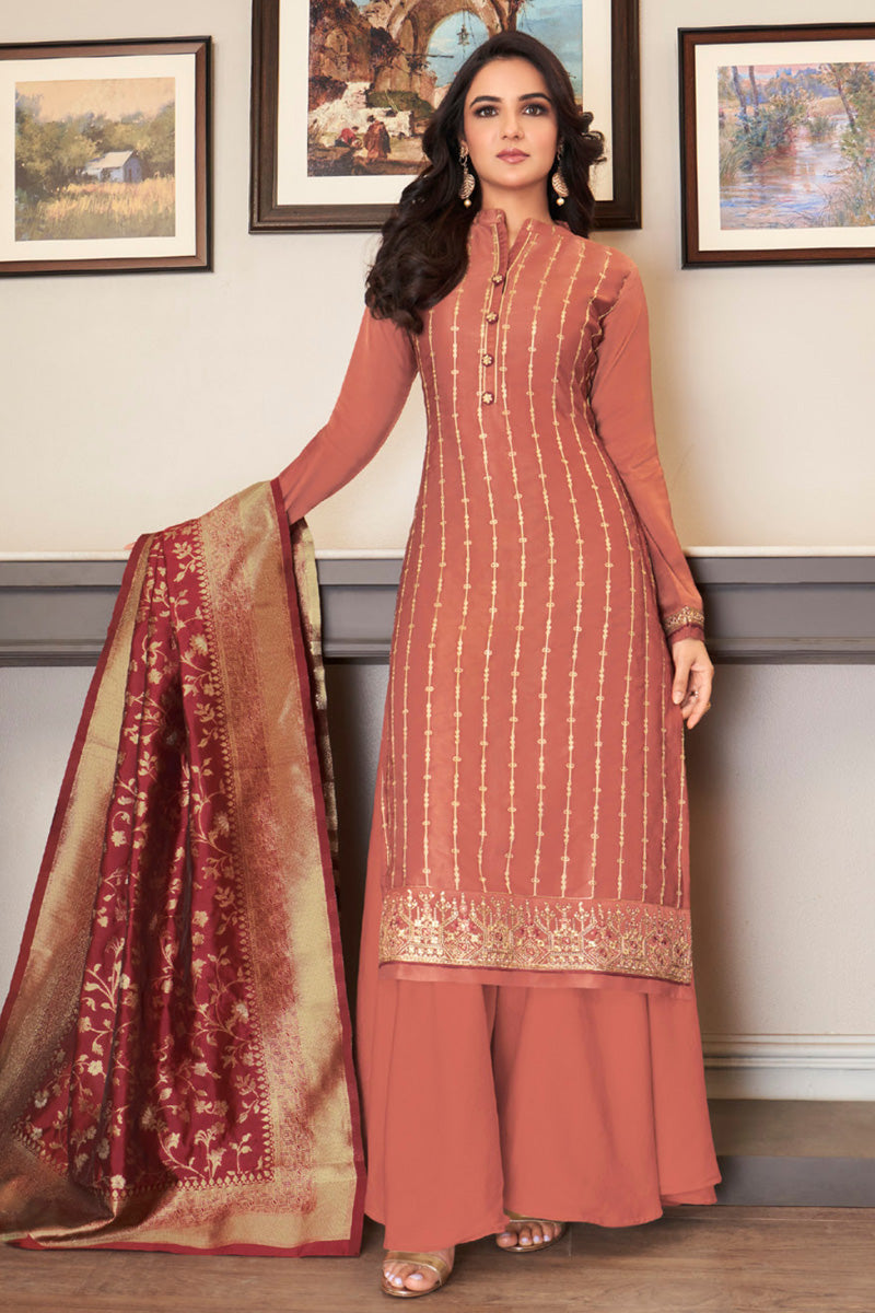 Satin Silk Fabric Rust Color Engaging Jasmin Bhasins Palazzo Suit