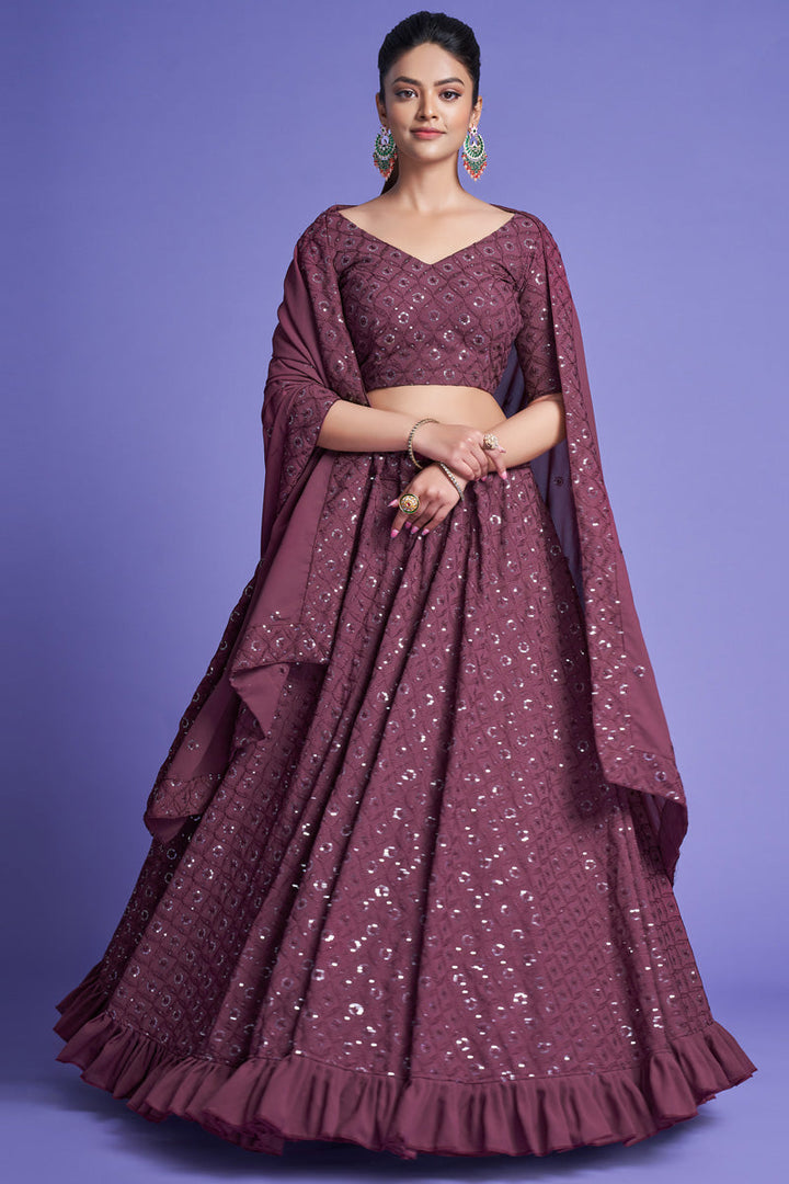 Attractive Wine Color Georgette Lehenga With Sequins Work