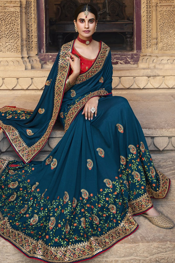 Sangeet Wear Art Silk Fabric Embroidered Saree In Teal Color