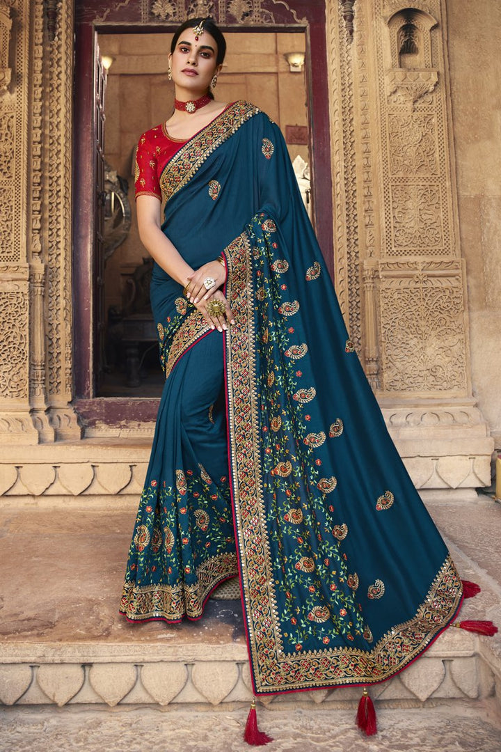 Sangeet Wear Art Silk Fabric Embroidered Saree In Teal Color