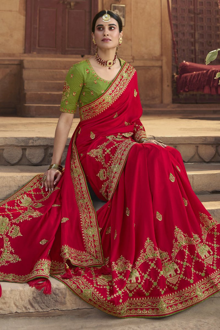 Art Silk Fabric Party Wear Red Color Designer Embroidered Saree