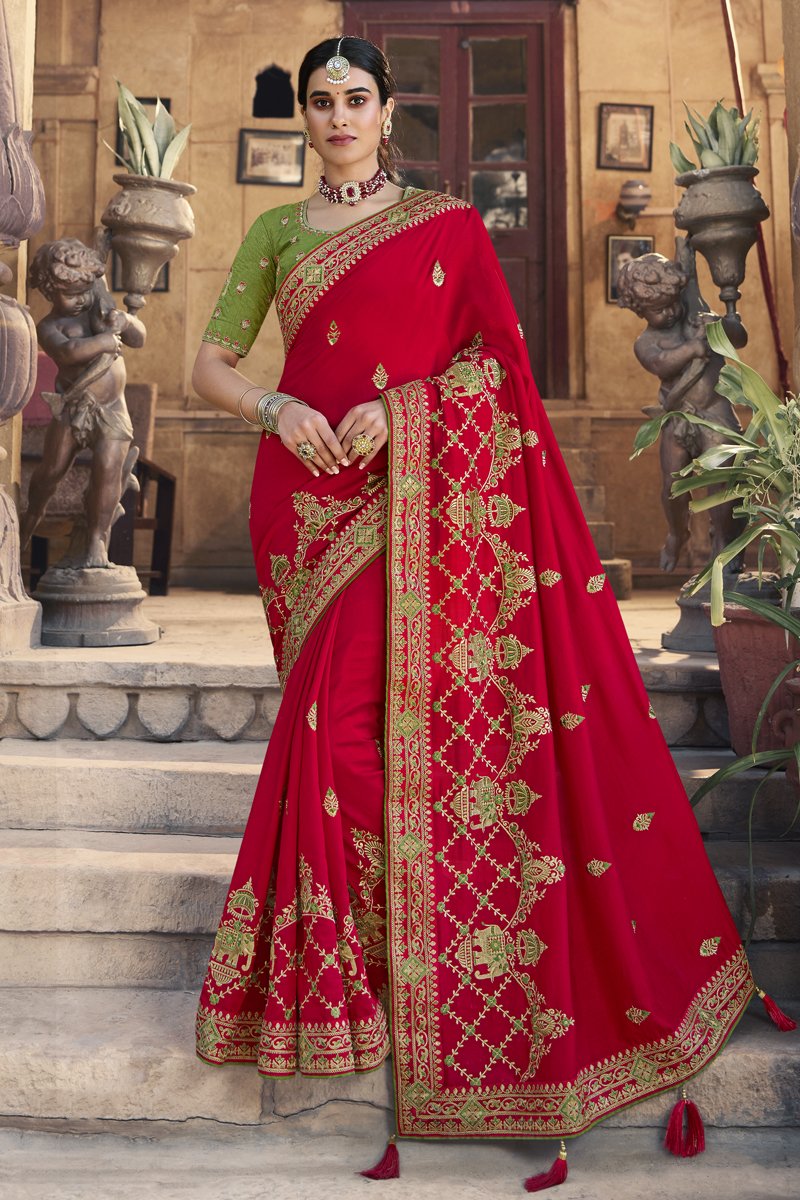 Art Silk Fabric Party Wear Red Color Designer Embroidered Saree