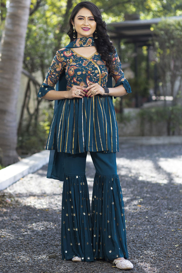 Teal Color Captivating Readymade Sharara Suit In Georgette Fabric