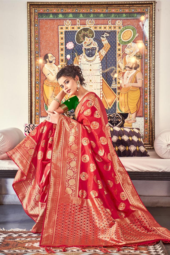 Weaving Work On Banarasi Silk Fabric Sangeet Function Wear Designer Saree In Red Color
