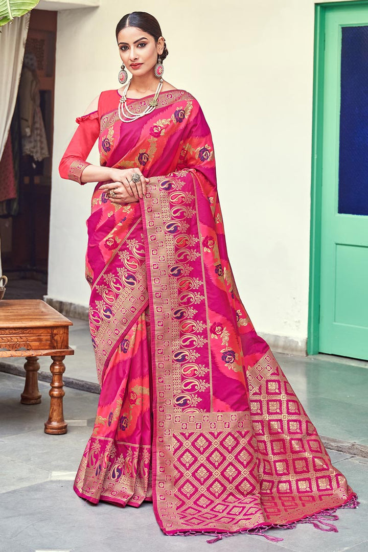 Banarasi Silk Fabric Sangeet Function Wear Designer Rani Color Weaving Work Saree