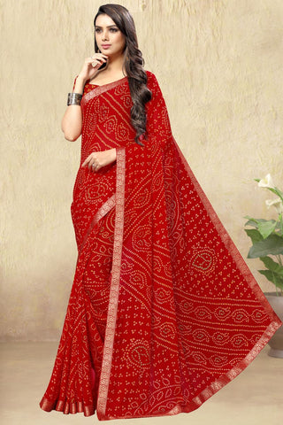 Red Color Chiffon Fabric Bandhani Print Regular Wear Saree