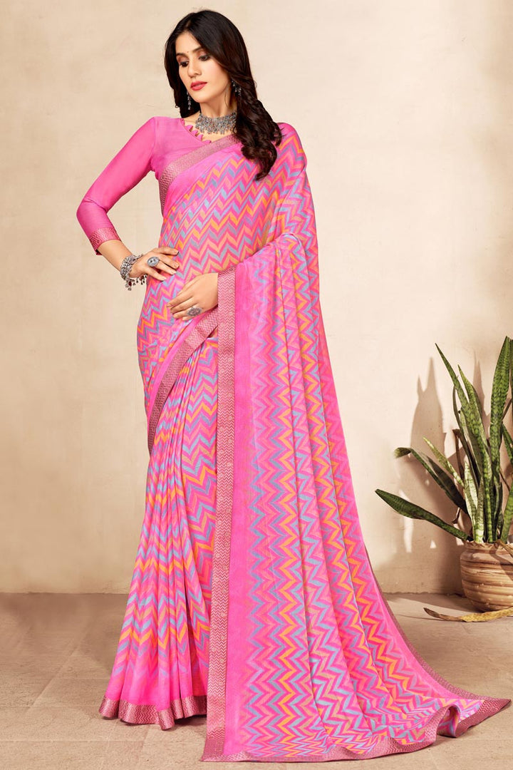 Chiffon Fabric Pink Color Casual Look Engrossing Saree