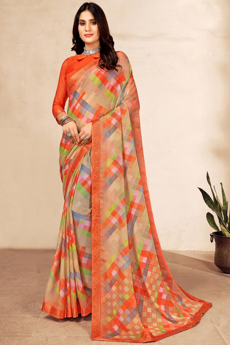 Chiffon Fabric Casual Look Superior Saree In Orange Color