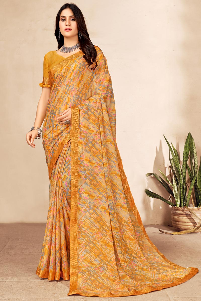 Peach Color Chiffon Fabric Adorming Casual Look Saree