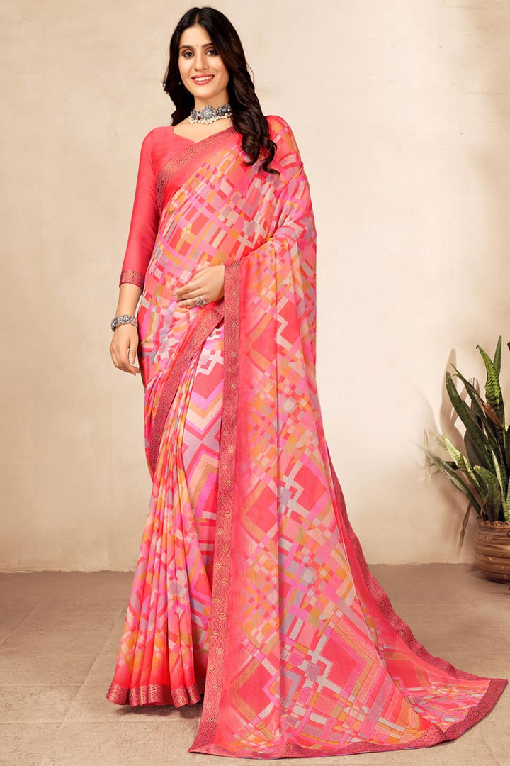 Pink Color Chiffon Fabric Casual Look Attractive Saree
