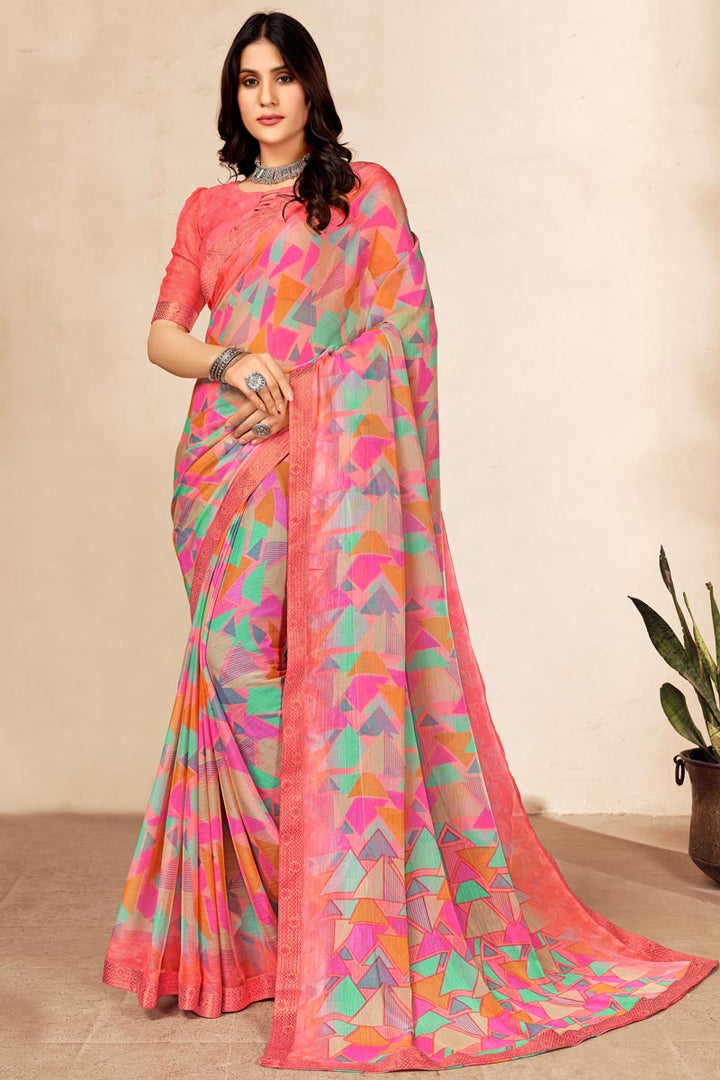 Peach Color Stunning Casual Look Saree In Chiffon Fabric