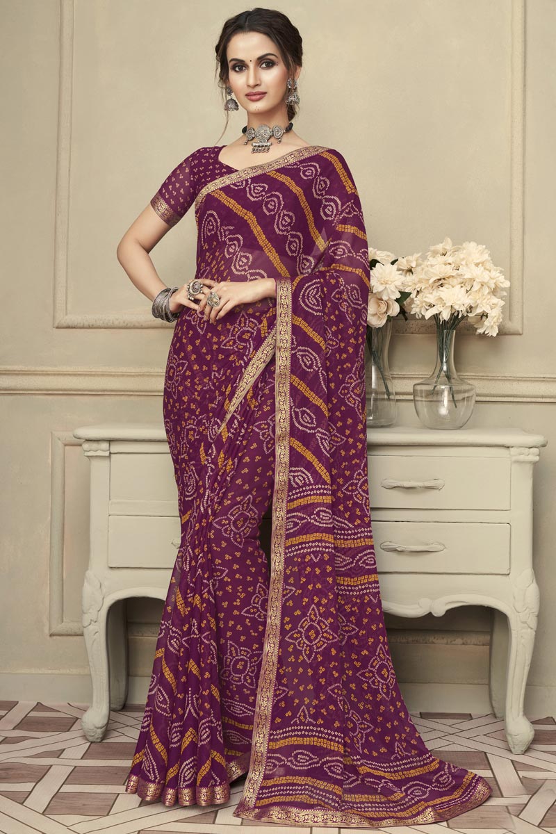 Wine Color Chiffon Fabric Bandhani Print Daily Wear Saree