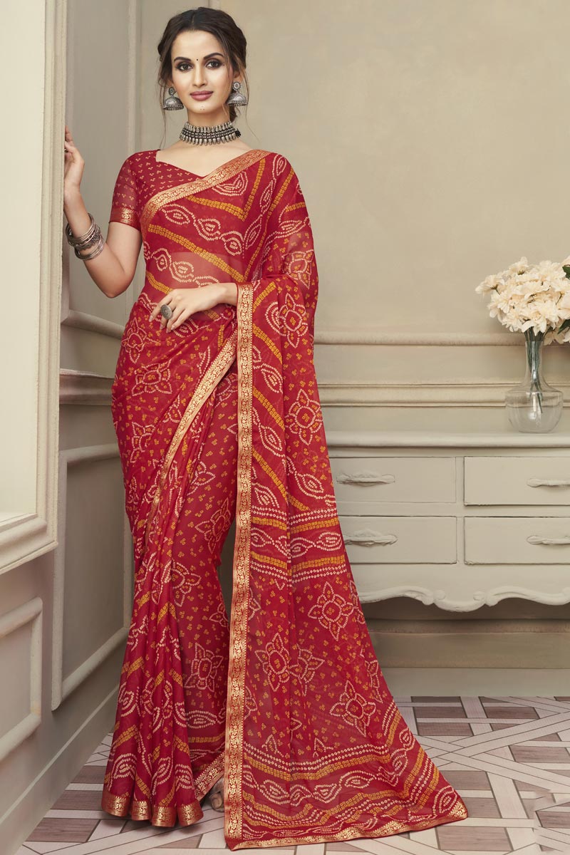 Red Bandhani Print Regular Wear Saree