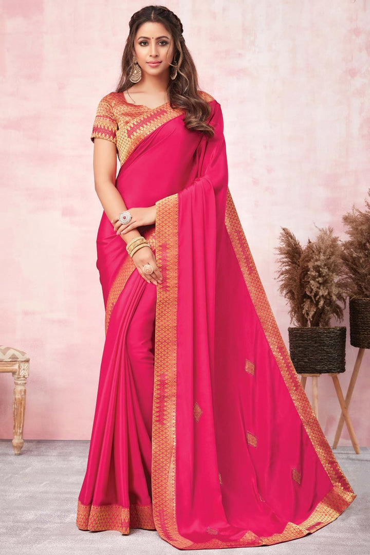 Attractive Lace Border Work Pink Saree