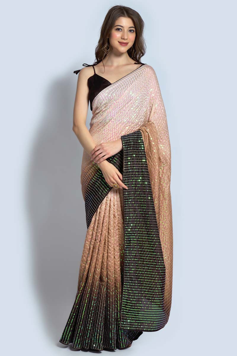 Georgette Fabric Chikoo Color Party Wear Two Tone Saree With Sparkling Sequins Work