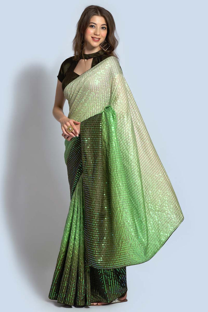 Party Style Georgette Fabric Green Color Designer Two Tone Saree With Excellent Sequins Work