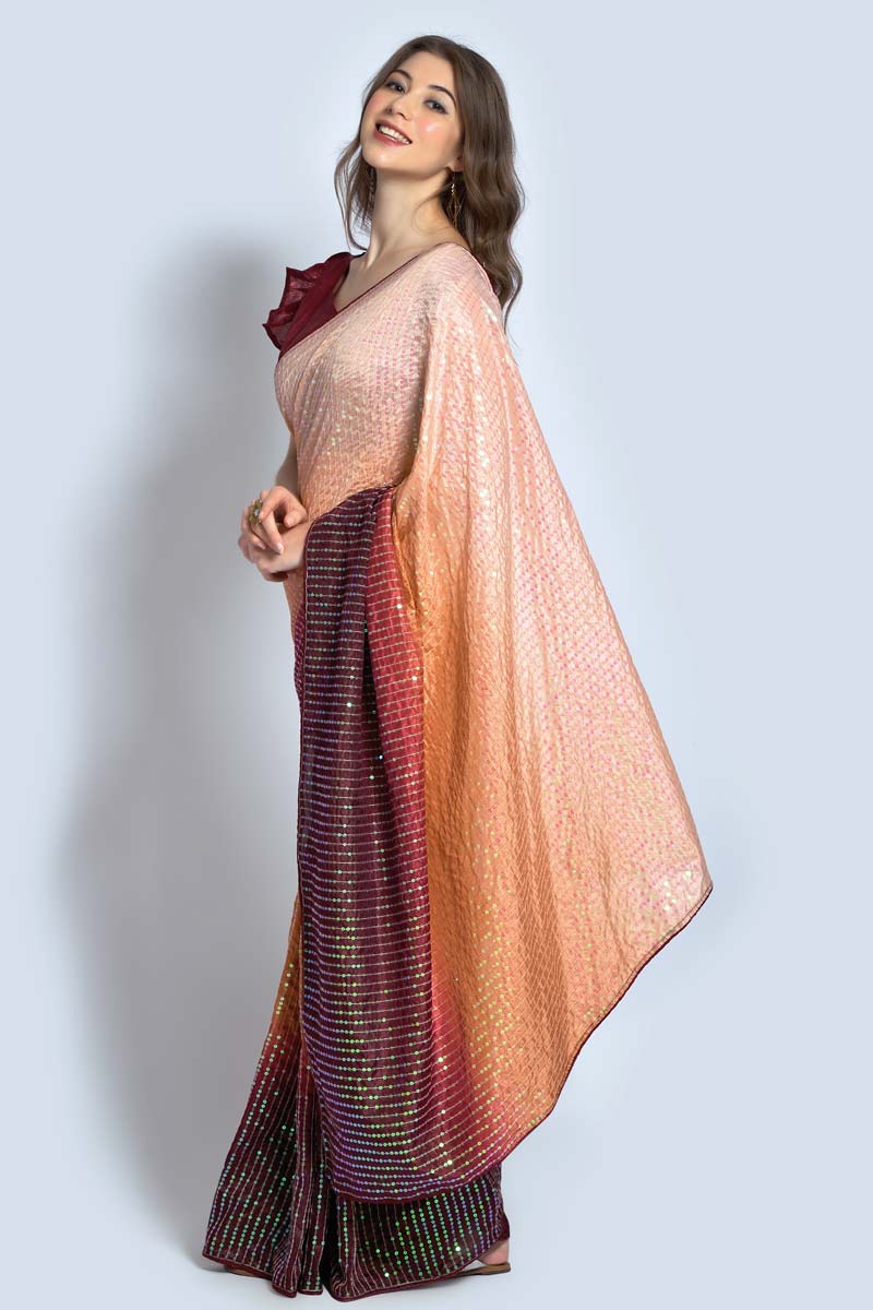 Glamorous Sequins Work Party Style Georgette Fabric Maroon Color Two Tone Saree | Buy Online India