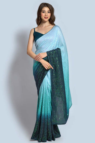 Sea Green Color Glittering Sequins Work Georgette Fabric Two Tone Saree In Party Wear