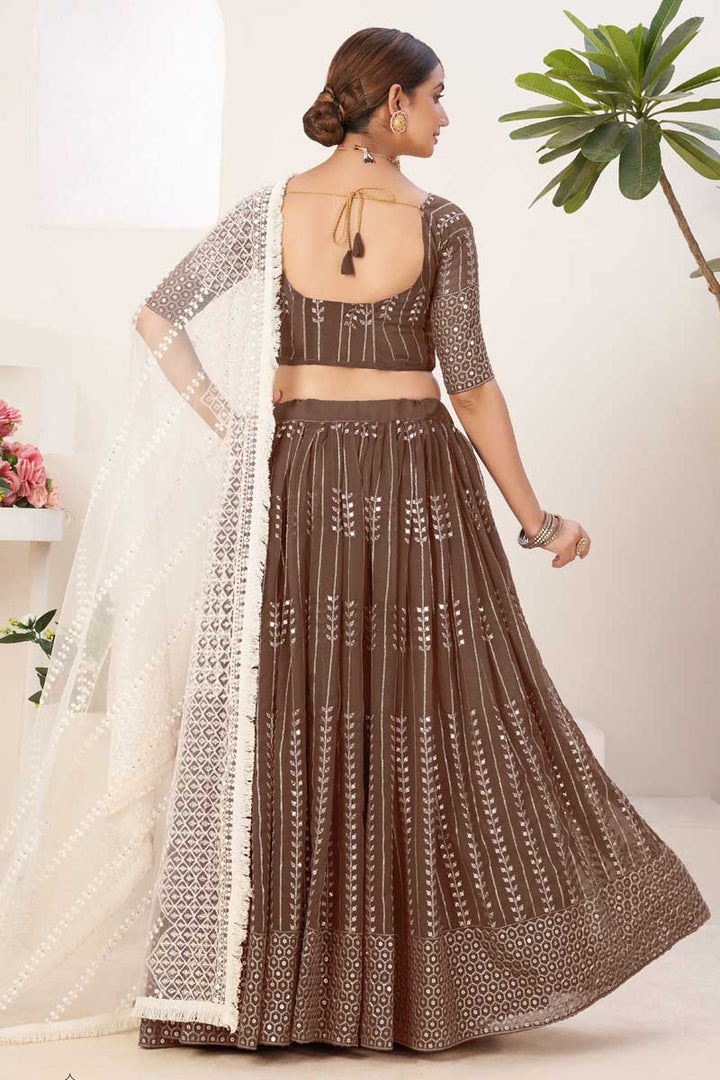 Classic Sequins Designs On Brown Color Lehenga In Georgette Fabric