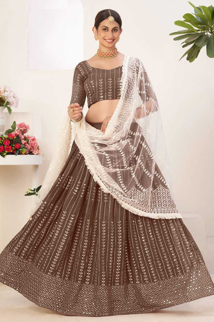 Classic Sequins Designs On Brown Color Lehenga In Georgette Fabric