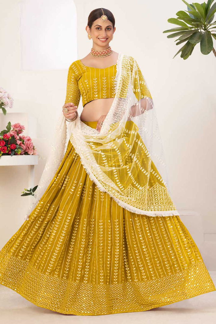 Georgette Fabric Mustard Color Lehenga With Winsome Sequins Work