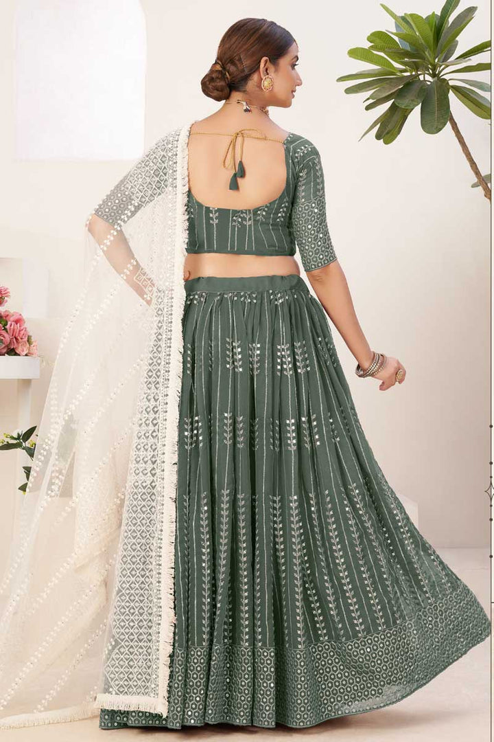 Creative Sequins Work On Lehenga In Green Color Georgette Fabric