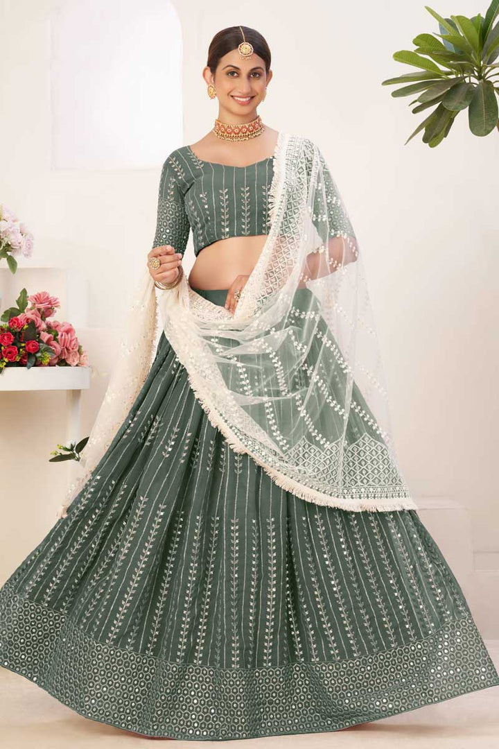 Creative Sequins Work On Lehenga In Green Color Georgette Fabric