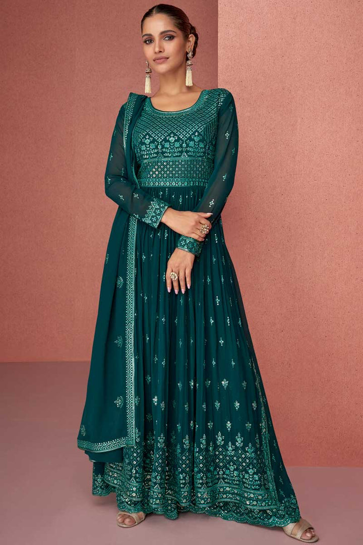 Vartika Singh Engaging Green Color Georgette Fabric Palazzo Suit