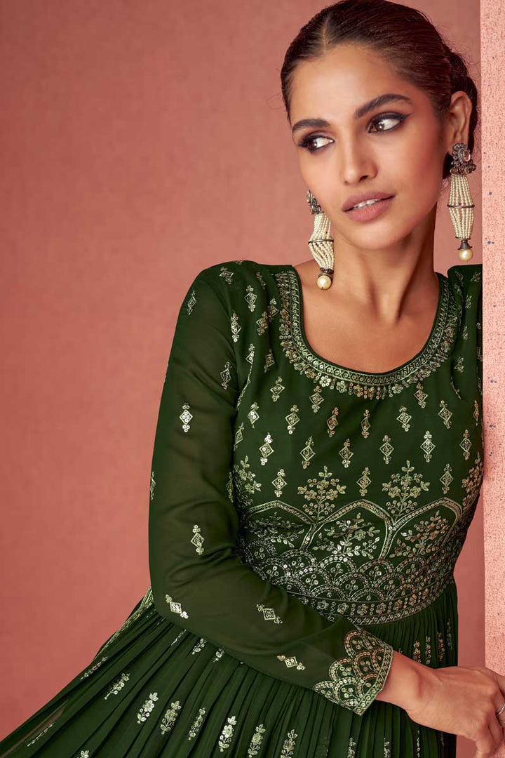 Vartika Singh Tempting Mehendi Green Color Georgette Fabric Palazzo Suit