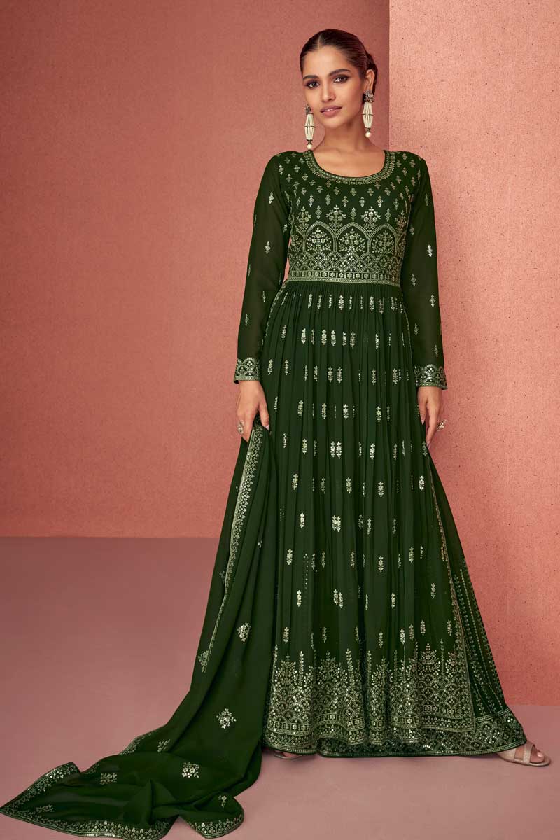 Vartika Singh Tempting Mehendi Green Color Georgette Fabric Palazzo Suit