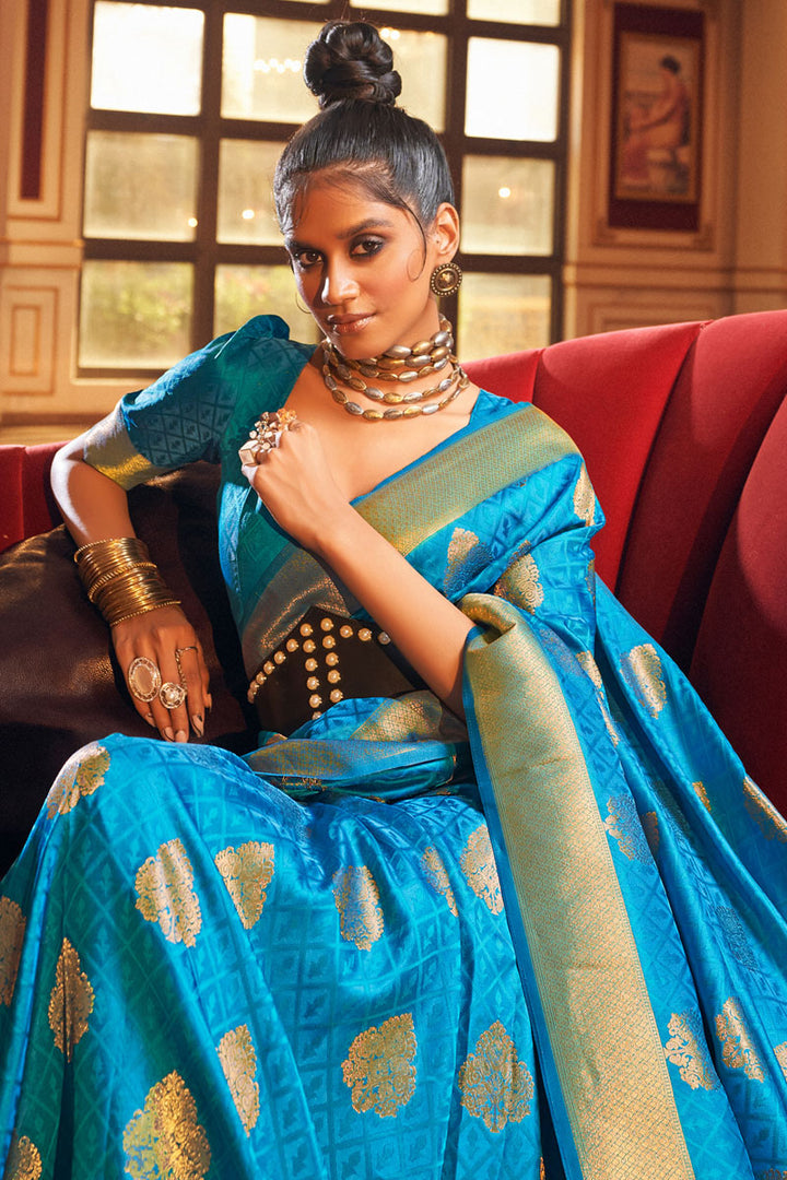 Cyan Gorgeous Art Silk Weaving Design Festive Saree