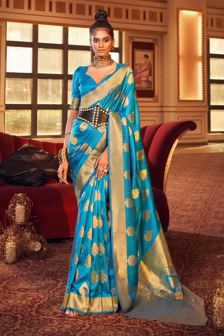 Cyan Gorgeous Art Silk Weaving Design Festive Saree