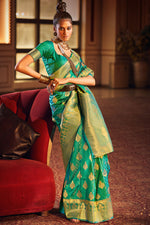 Load image into Gallery viewer, Green Brilliant Art Silk Weaving Design Festive Saree
